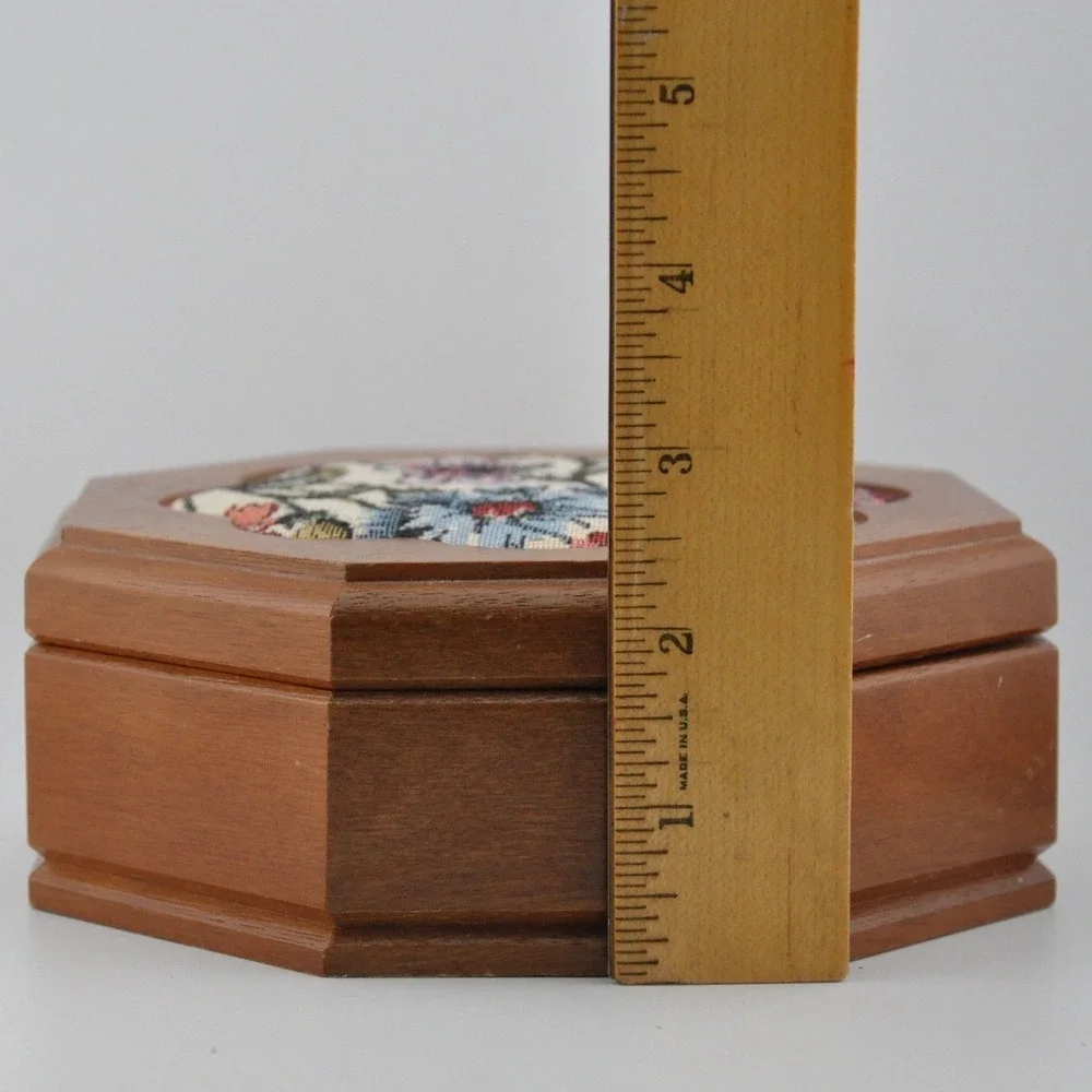Vintage‎ Jewelry Box Brown Floral Tapestry Octagon Wood Mirror